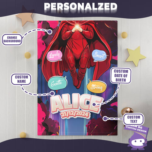 Personalized Scarlet Magic Baby Blanket – Superhero Girl Style with Custom Name & Background